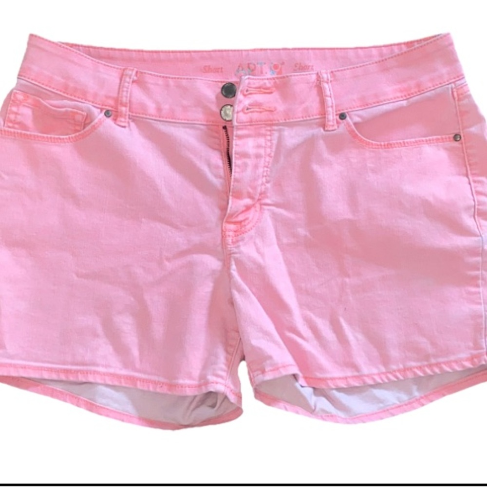 Apt 9 Women’s Neon Coral Pink Denim Button Shorts Preppy Summer Size 14 Stretch